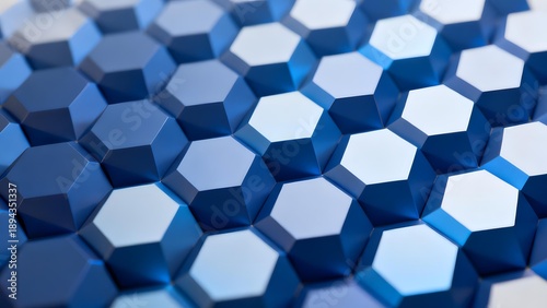 Abstract hexagonal pattern in shades of blue with a three-dimensional geometric design