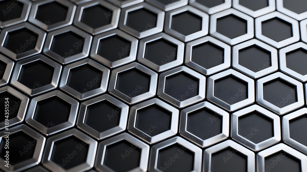 Fototapeta premium Close-up of a metallic hexagonal grid pattern with reflective surfaces
