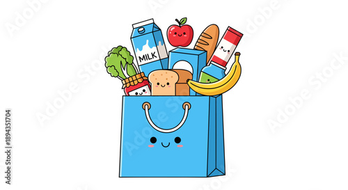 Cute Kawaii Grocery Bag Full of Food Vector Illustration, Adorable Cartoon Style for Kids and Healthy Eating Promotion