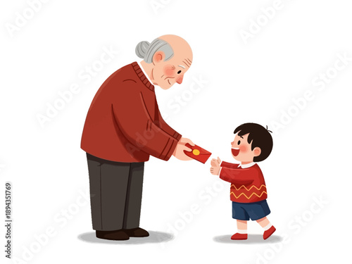 Grandfather giving a red envelope angpao to his grandson during Lunar New Year 