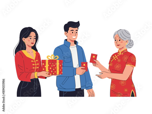 Young couple giving a gift box to an elderly woman in a cheongsam dress 
