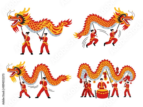 Long Red Dragon Dance Attraction and Musicians