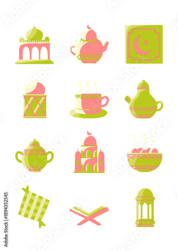 Ramadan and Eid Mubarak Icon Illustration Set Perfect for Islamic Print Design