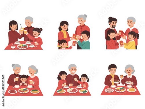 Grandparents and Children Celebrating Lunar New Year Reunion Dinner Set 