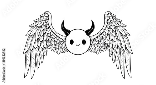 Cute Devil Angel Hybrid with Wings and Horns, Whimsical Character Illustration, Fantasy Creature Design, T-shirt Graphic, Sticker Art, Vector Style Graphic