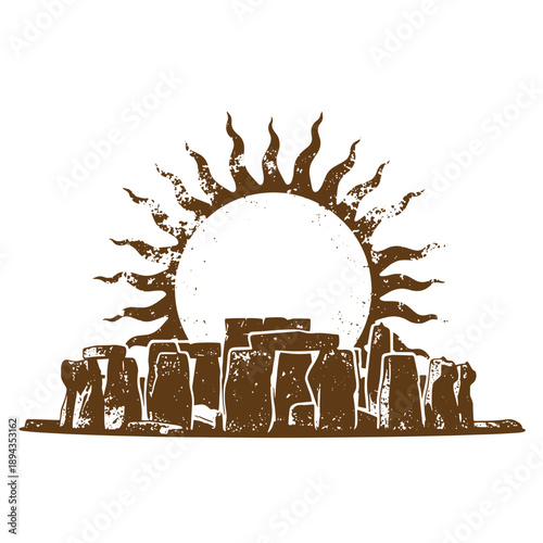 Vintage Grunge texture stonehenge monument with sun illustration