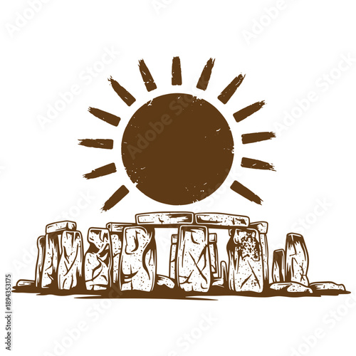 Vintage Grunge texture stonehenge monument with sun illustration