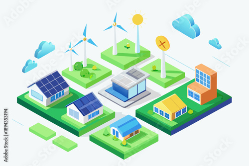 Colorful 3 D isometric of ecofriendly neighborhood with renewable energy sources
