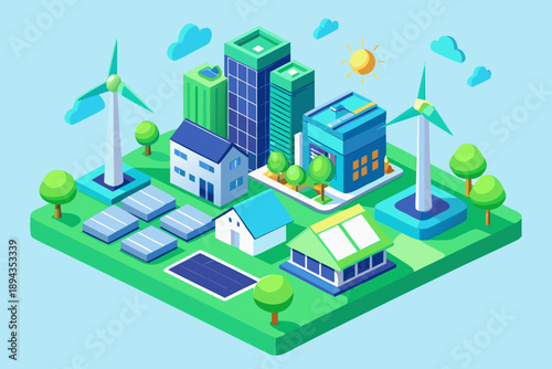 Isometric cityscape with renewable energy sources and green buildings wind turbines solar panels