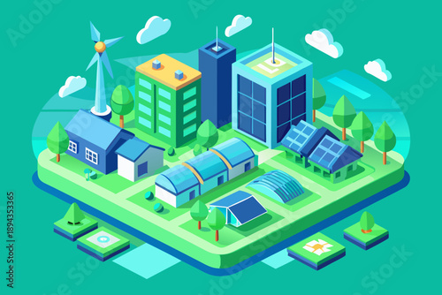 Isometric ecofriendly city with renewable energy sources and green spaces