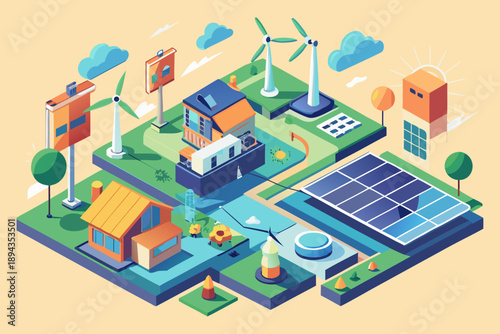 Isometric of renewable energy sources and eco-friendly infrastructure solar panels wind turbines