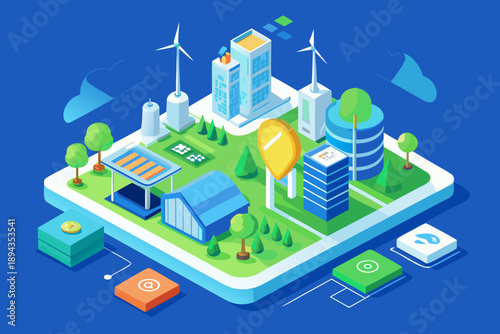 Isometric of sustainable city on green platform with renewable energy sources wind turbines