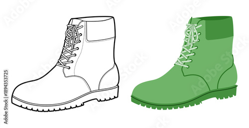 Green chunky lace ankle boot women flat plus line set. Padded collar with lug tread for hiking trip fashion style. Technical fashion illustration CAD mockup mixed vector men unisex isolated chic style