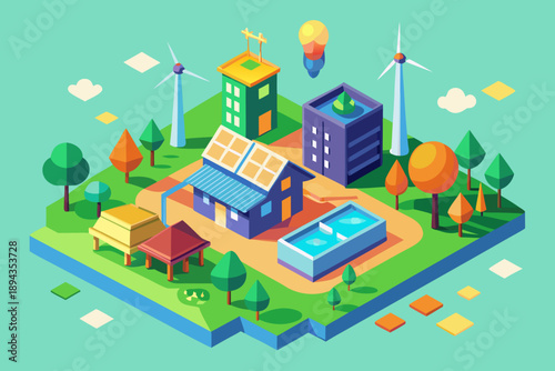Isometric view of ecofriendly neighborhood with solar panels and wind turbines house