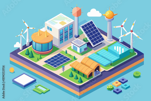 Isometric view of renewable energy systems on an island solar panels wind turbines