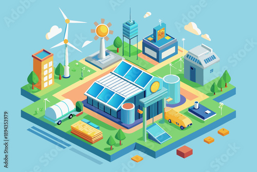 Isometric view of sustainable community with solar panels and wind turbines eco-friendly
