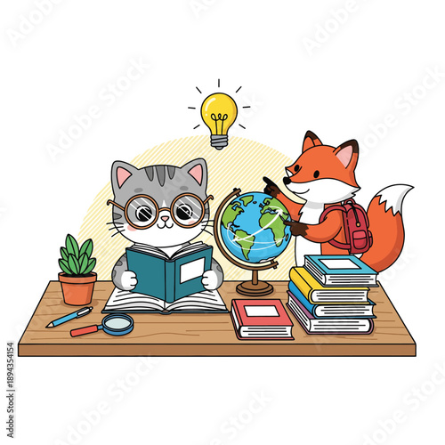 Cute Cat and Fox Studying Together