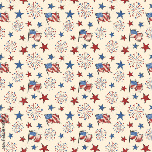 Hand-Drawn Patriotic Seamless Pattern with American Flags, Stars, and Fireworks