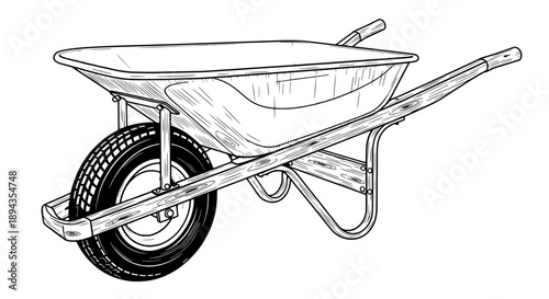 Detailed black and white vector illustration of a garden wheelbarrow with textured wheel