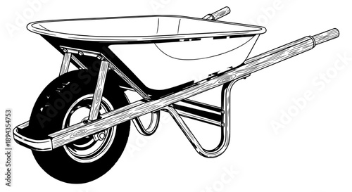 Modern wheelbarrow vector illustration with clean lines and geometric shapes in black and white