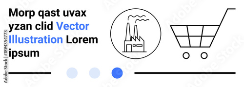Factory with chimneys inside a circle alongside a shopping cart, emphasizing industry and commerce. Ideal for e-commerce, supply chain, industrial production, sustainability, modern economy