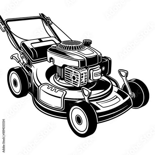 A push lawn mower viewed from the front showing engine and wheels in a vector illustration