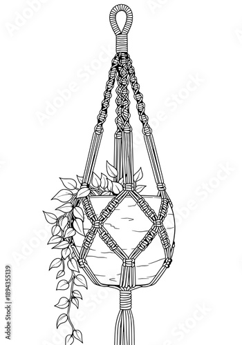 Hanging macrame planter with flowers in bohemian style vector illustration