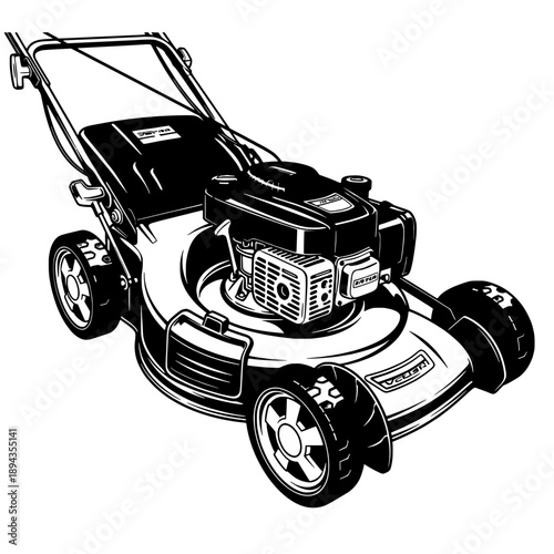A lawn mower is pushed forward, showing engine and wheels, vector illustration.