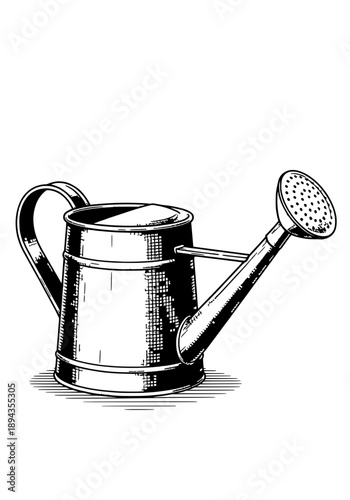 Vintage metal watering can with rose nozzle vector illustration in black and white style