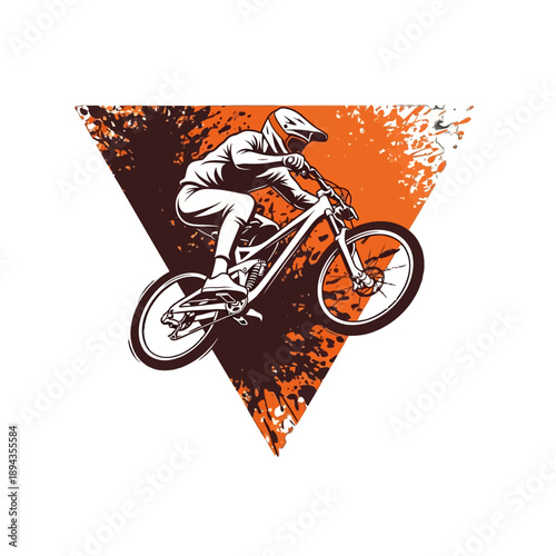 Mountain Biker in Action on Orange Triangle Background.
