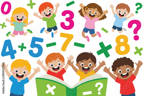 Happy Kids Learning Math Illustration Colorful Numbers and Counting Fun