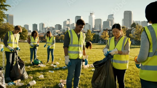 Diverse Volunteers Collect Trash at City Park for a Clean Environment
