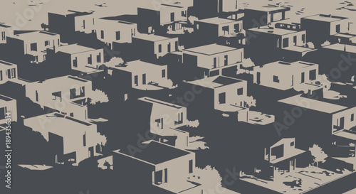 Abstract architectural illustration showcasing a dense, modern residential community with minimalist geometric houses and strong shadows