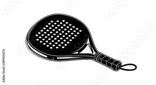 Black and white illustration of a padel racket with a perforated face and wrist strap.