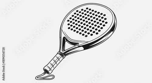 A detailed black and white illustration of a padel tennis racket with a textured grip and perforated head, depicted on a plain background.