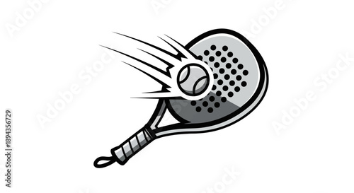 Dynamic illustration of a padel racket striking a tennis ball with speed lines, depicted in grayscale.