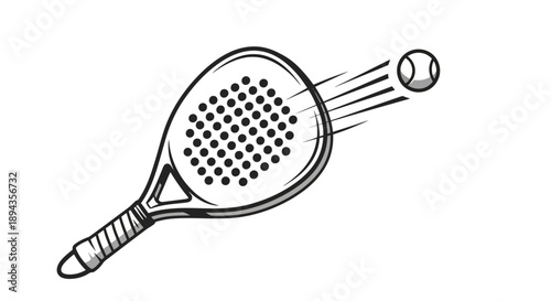 Black and white illustration of a padel racket hitting a fast-moving ball, depicting action and speed in a sports game.