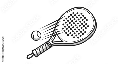Black and white illustration of a paddle racket hitting a tennis ball with motion lines, depicting a fast-paced sports game.