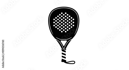 Black and white icon of a padel tennis racket with a textured surface and a wrist strap.