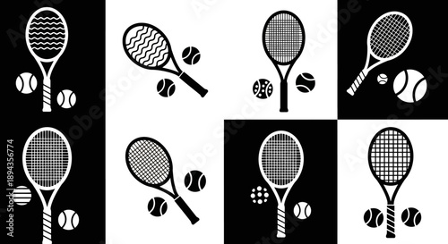 Eight black and white panels showcasing various tennis rackets and balls with diverse patterns on alternating backgrounds, creating a graphic design.