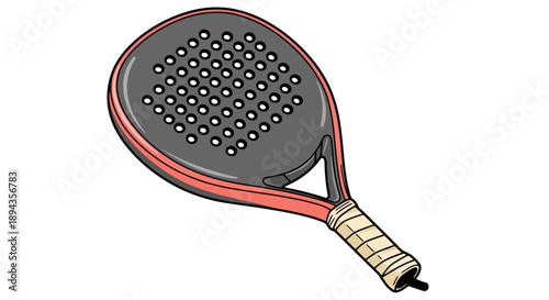 Detailed illustration of a modern padel racket with a black perforated head, red frame, and light-colored grip, ready for sports activity.