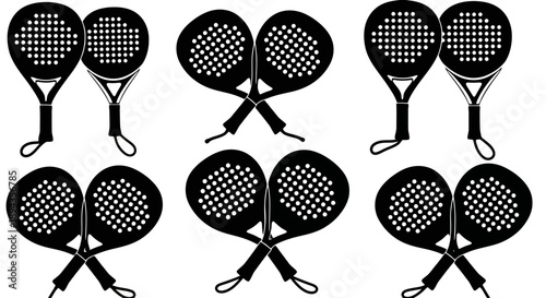 Six pairs of black paddle tennis or padel rackets in various arrangements, presented as vector graphics on a white background.
