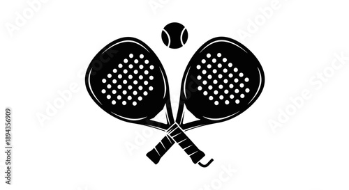 Black silhouette of two crossed paddle tennis rackets with a ball above them, isolated on a white background.