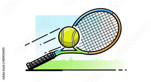 A vibrant cartoon illustration of a tennis racket striking a bright yellow tennis ball with motion lines against a simple green and blue background.