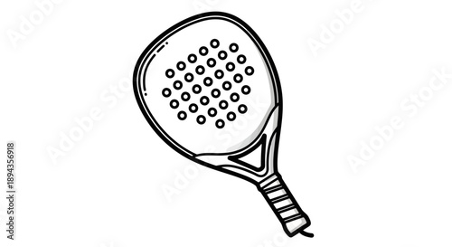 Black and white line art illustration of a padel tennis racket with a perforated surface and short handle.