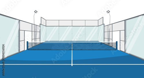 Illustration of an empty blue padel court with glass walls and net, ready for play.