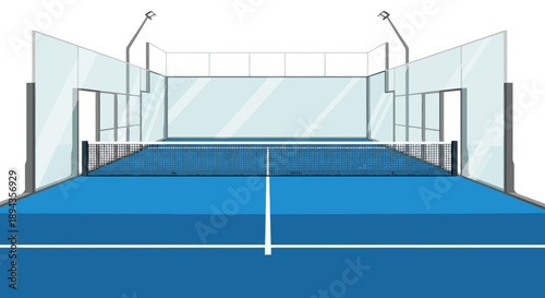 Empty blue padel tennis court with glass walls and net, ready for a match.