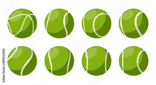 Collection of eight vibrant green tennis balls with various white seam patterns on a clean white background, ready for play.