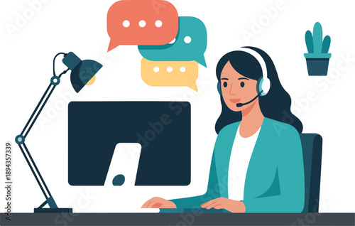 Customer Support Operator Vector Illustration Headset, Computer, and Chat Bubbles