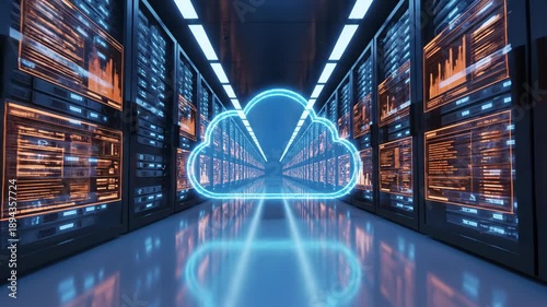 A luminous blue cloud icon floats through a futuristic data center corridor, illuminating server racks with glowing digital information